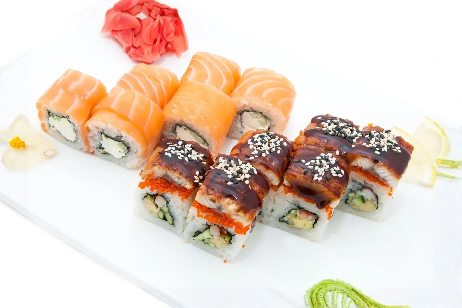 Salmon and eel sushi roll platter at Hokkaido Ramen House, an Asian Fusion Restaurant in Coralville