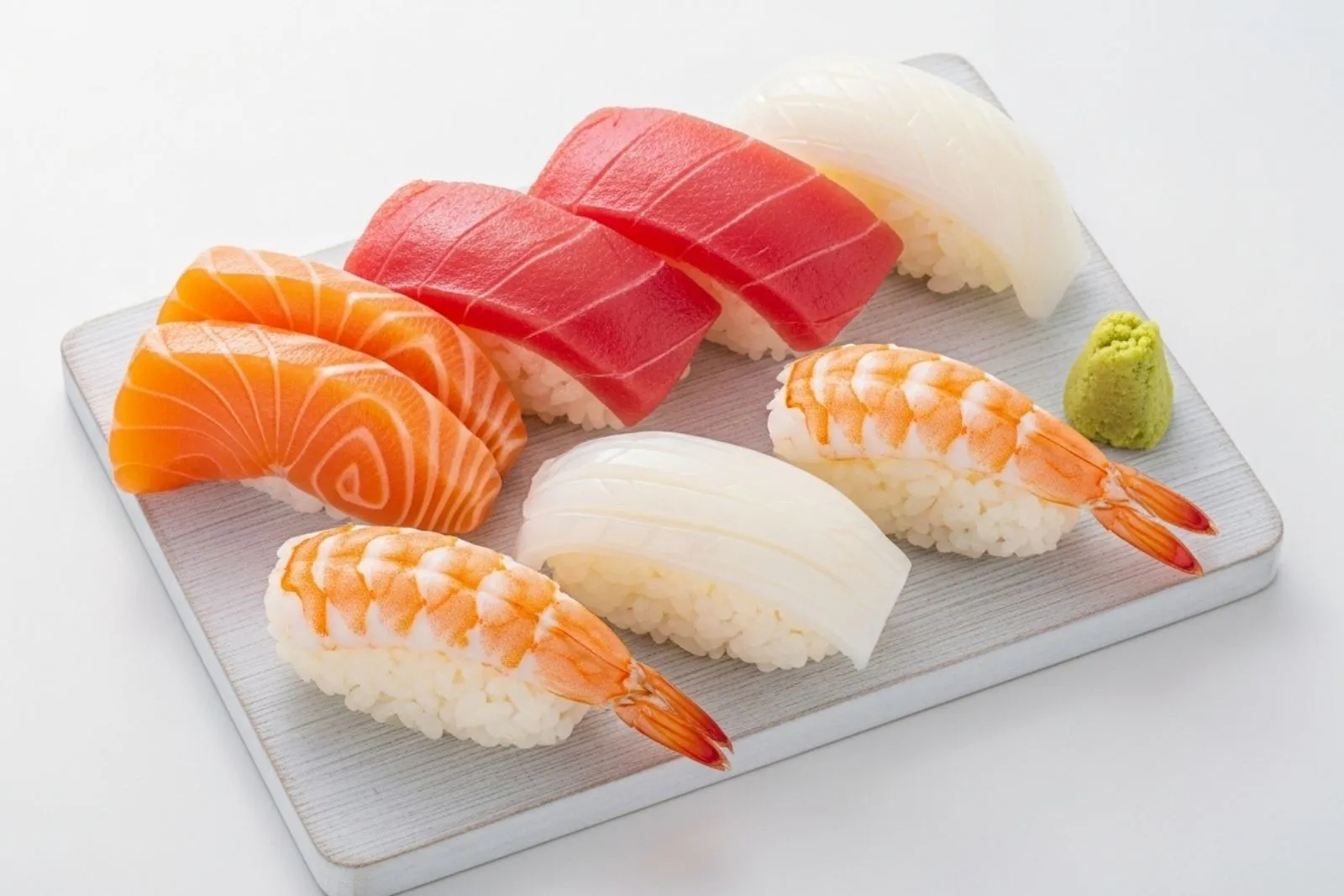 Assorted nigiri sushi platter with tuna, salmon and shrimp at Hokkaido Ramen House, an Asian Fusion Restaurant in Coralville