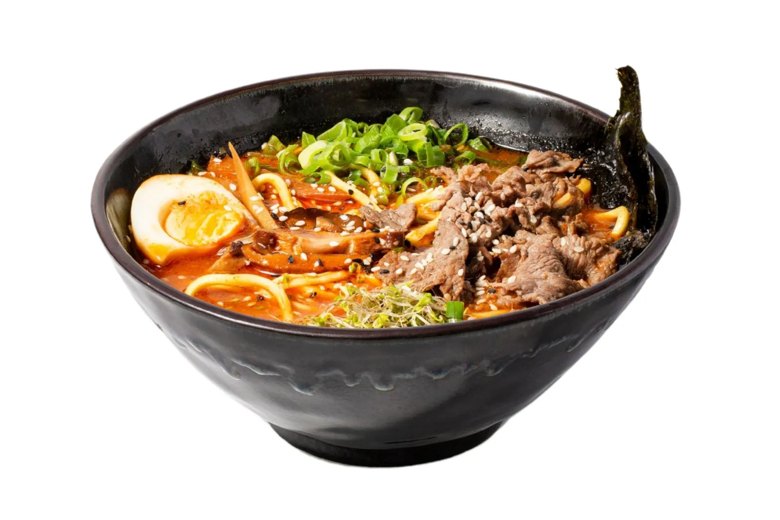 Spicy beef ramen with soft-boiled egg at Hokkaido Ramen House, an Asian Fusion Restaurant in Coralville